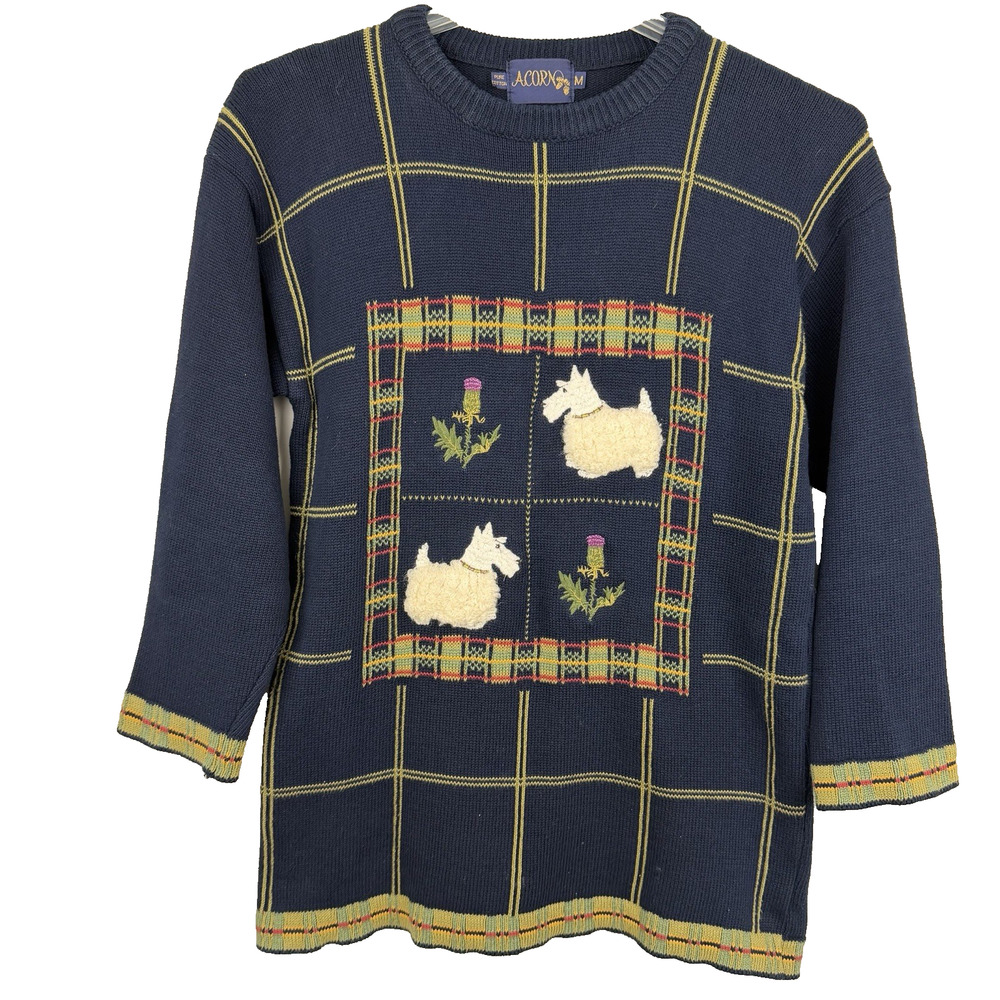 Vtg Acorn Westie Scotty Dog Sweater Size M Navy Windowpane Plaid Cottagecore